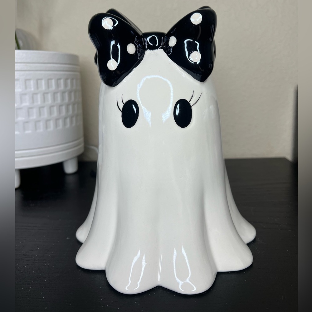 NEW Ceramic Iridescent Ghost Girl with Black Polka Dot Bow